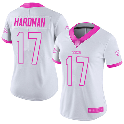 Women Kansas City Chiefs #17 Hardman Mecole Limited White Pink Rush Fashion Football Nike NFL Jersey